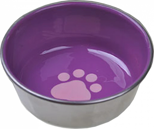 Heavyweight SS Cat dish with Decorated Enamel Finish interior and full rubber bottom